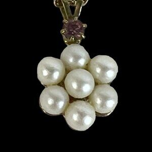 Avon Faux Pearl Cluster Necklace February Purple Birthstone Flower Pendant VTG